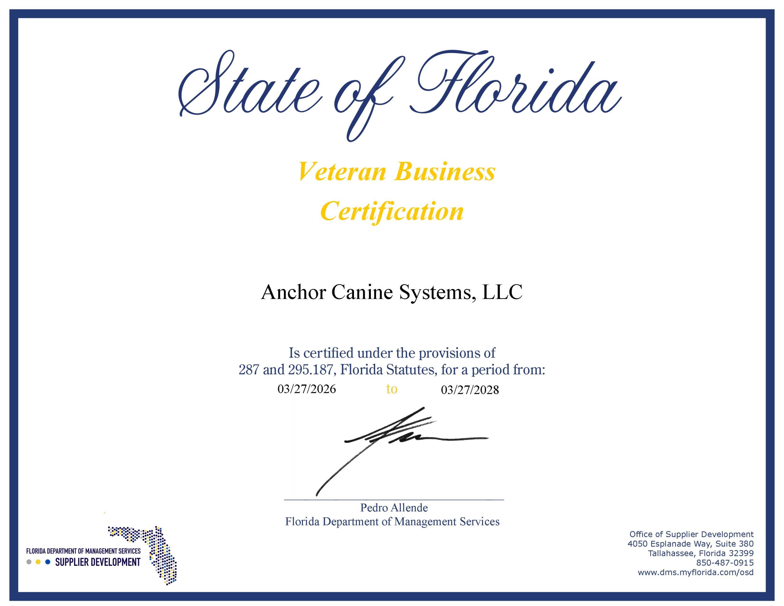State of Florida Vet Bus Cert